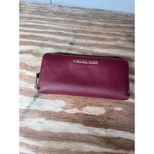 Michael Kors Burgundy Saffiano Leather Zip-Around Wallet With Gold Hardware & Mu
